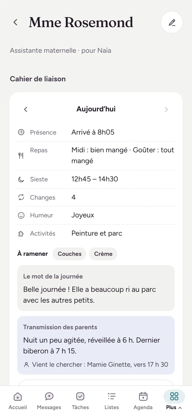 Capture d’écran : Cahier de liaison
