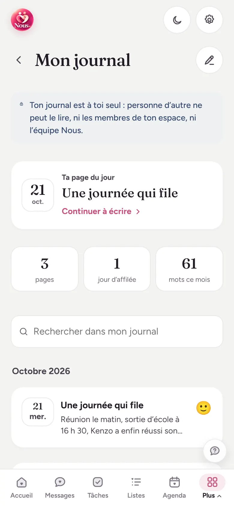 Capture d’écran : Journal intime