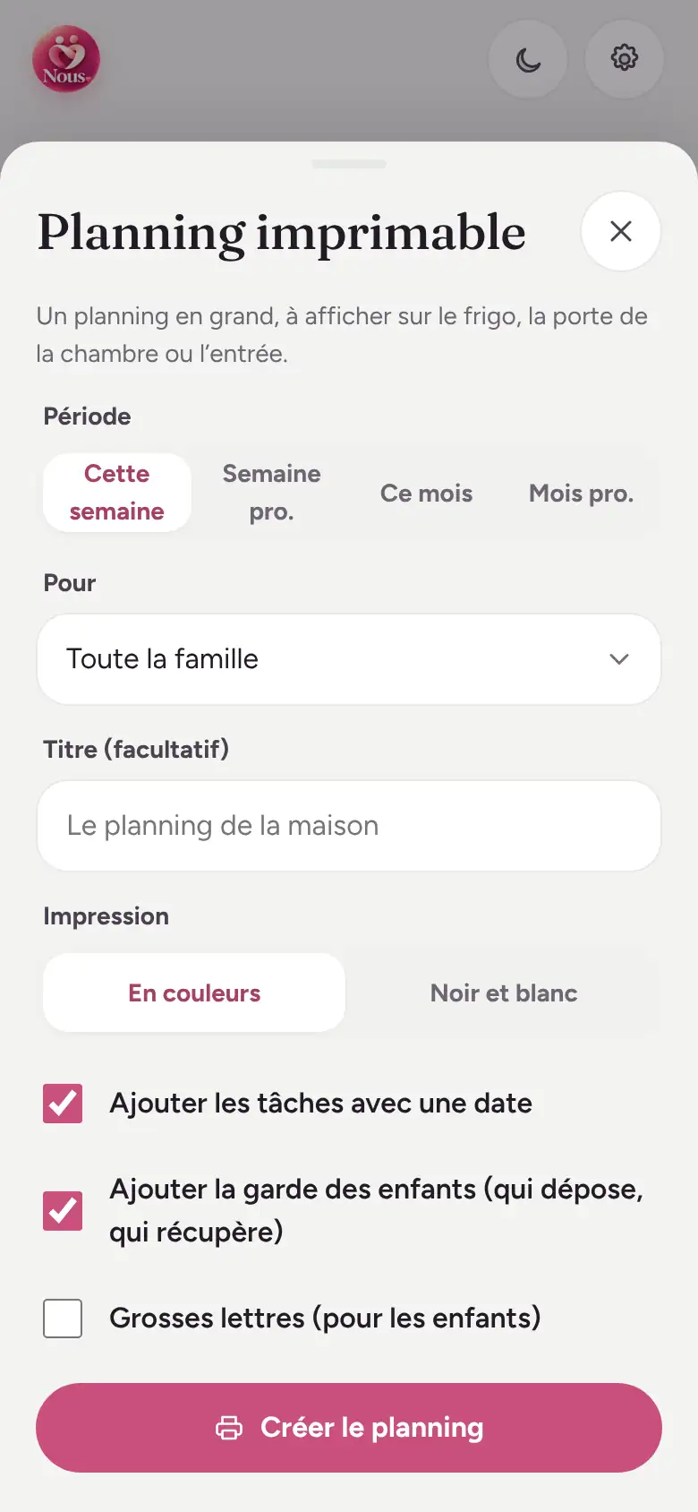 Capture d’écran : Planning à imprimer